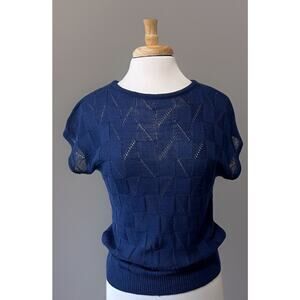 Vintage Haberdashery Women's L Navy Blue Granny Square Open Knit Top Cap Sleeve